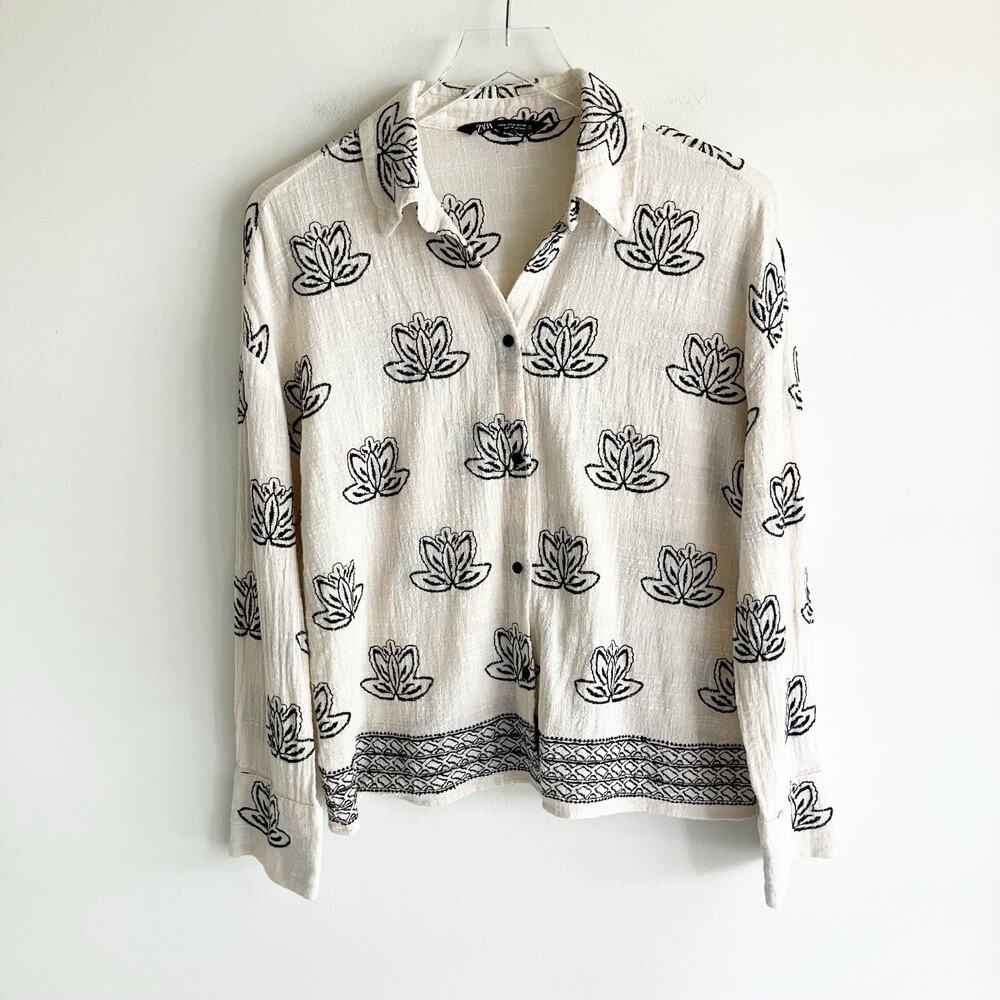 Zara Medium Blouse Lotus Embroidered Long Sleeve Top Cream Black Button Front